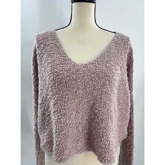 Free People Pink Mauve Boucle V Neck Pullover Crop Boxy Sweater Top Large - Picture 1 of 8